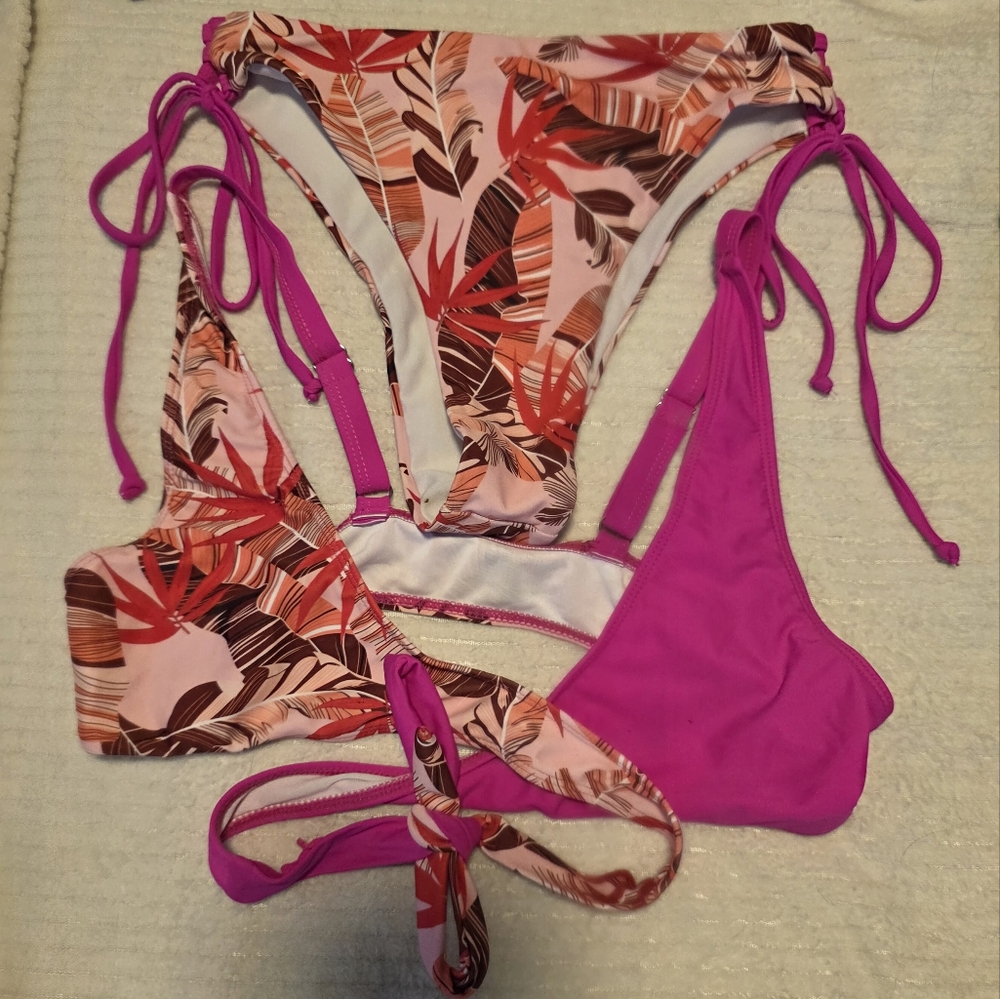 Tropical Print and Pink Bikini Set